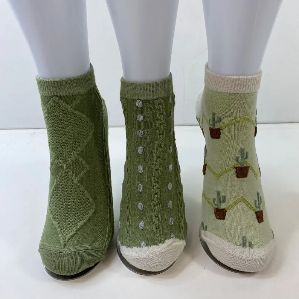 Womens 3-Pack Ankle Socks Cactus Polka Dots Cable Knit Diamond Pattern Green